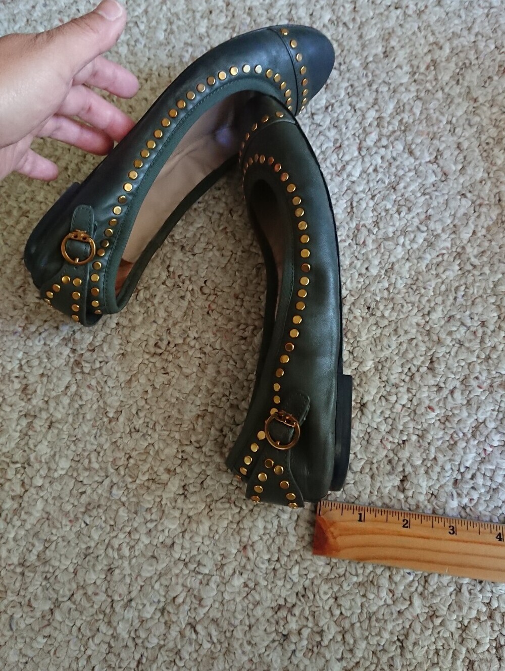 Tory Burch Holden gold tone Studded hunter green Ballet Flats size 7 - Picture 12 of 14